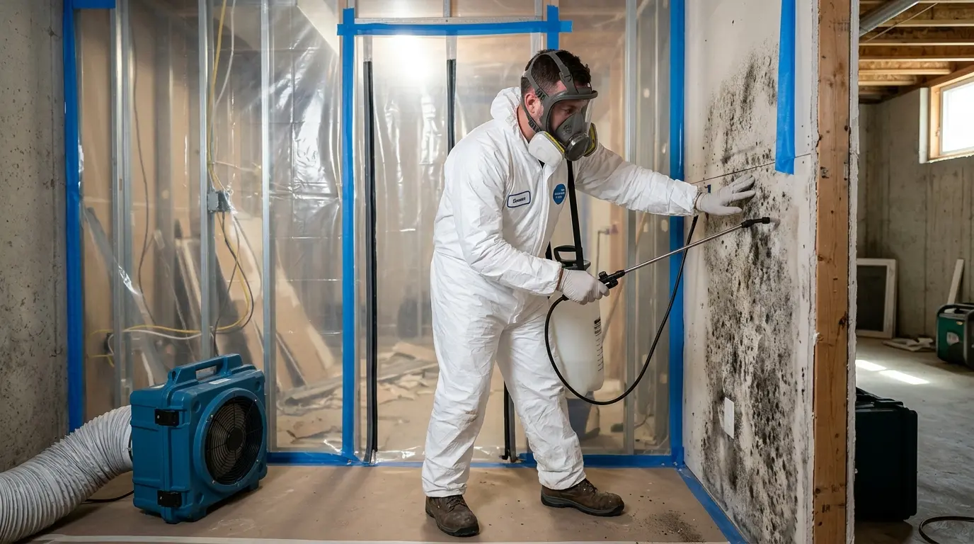 Gold Tech Restoration specialist performing mold remediation in West Sayville